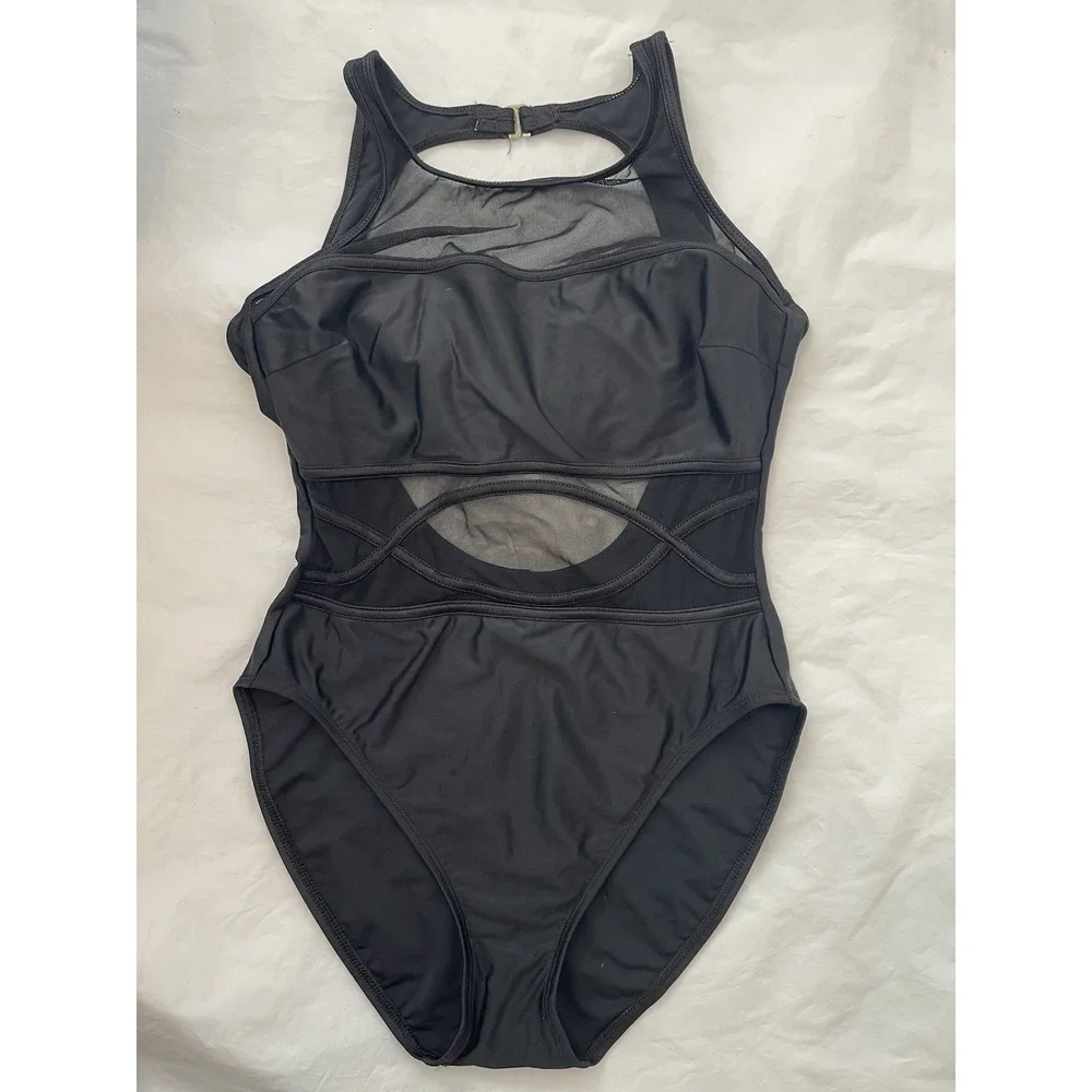 La Blanca Black One Piece Swimsuit Mesh Panels Racerback‎ Cut Size 14